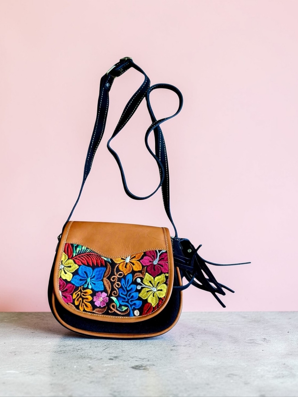 Mexican Crossbody  Leather Purse Embroidered Flowers Design.